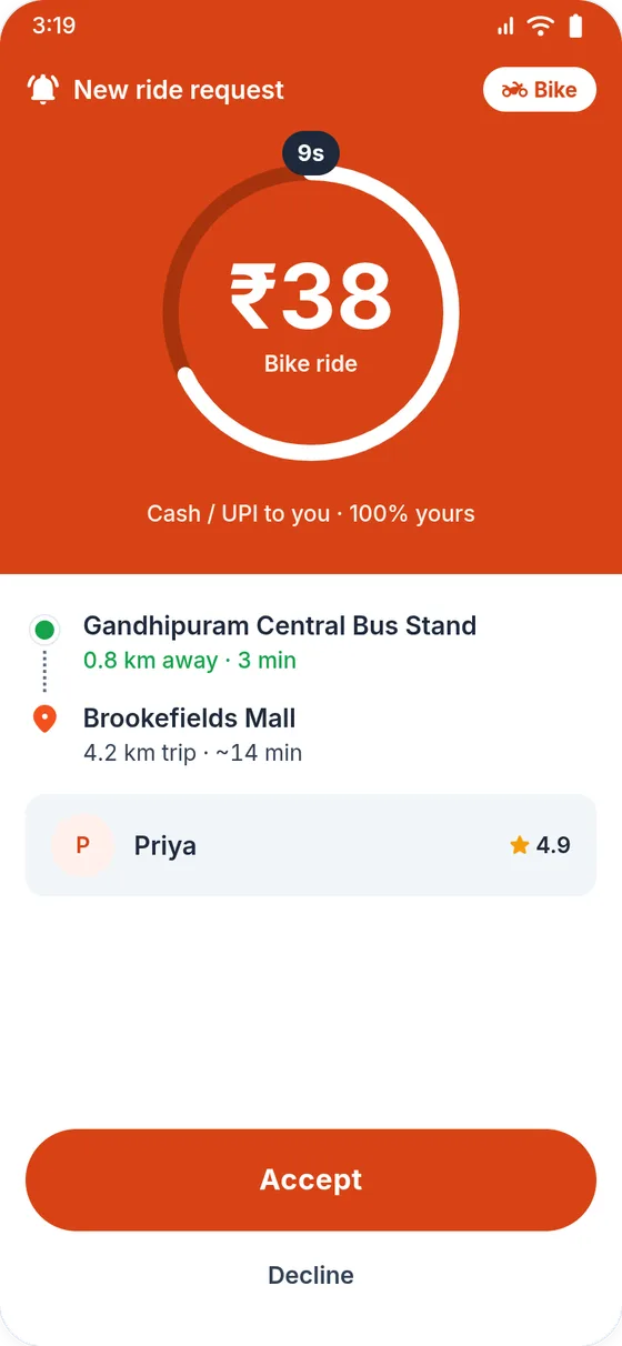 Tamil Taxi Driver app: a new ride request showing the fare, 100% to the driver