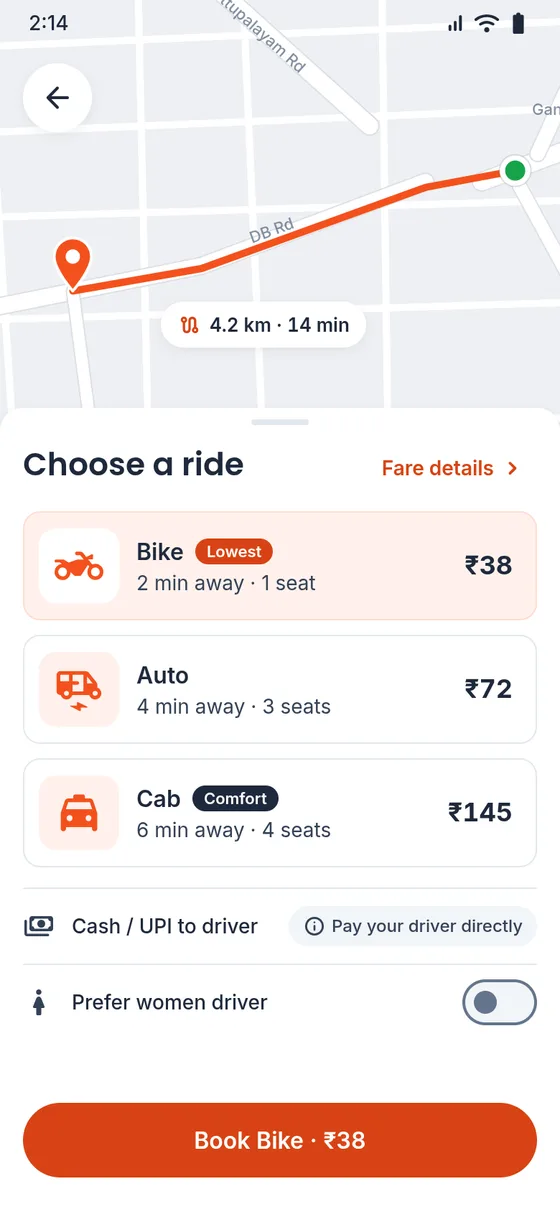 Tamil Taxi rider app: choosing between bike, auto and cab, each with its fare